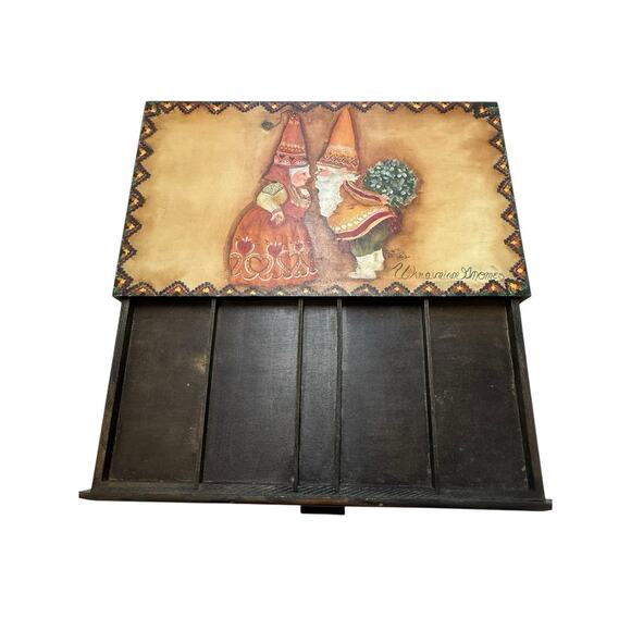 christmas Hand Painted Ukrainian kissing Gnomes Wooden Box Signed Folk Art - Picture 3 of 10